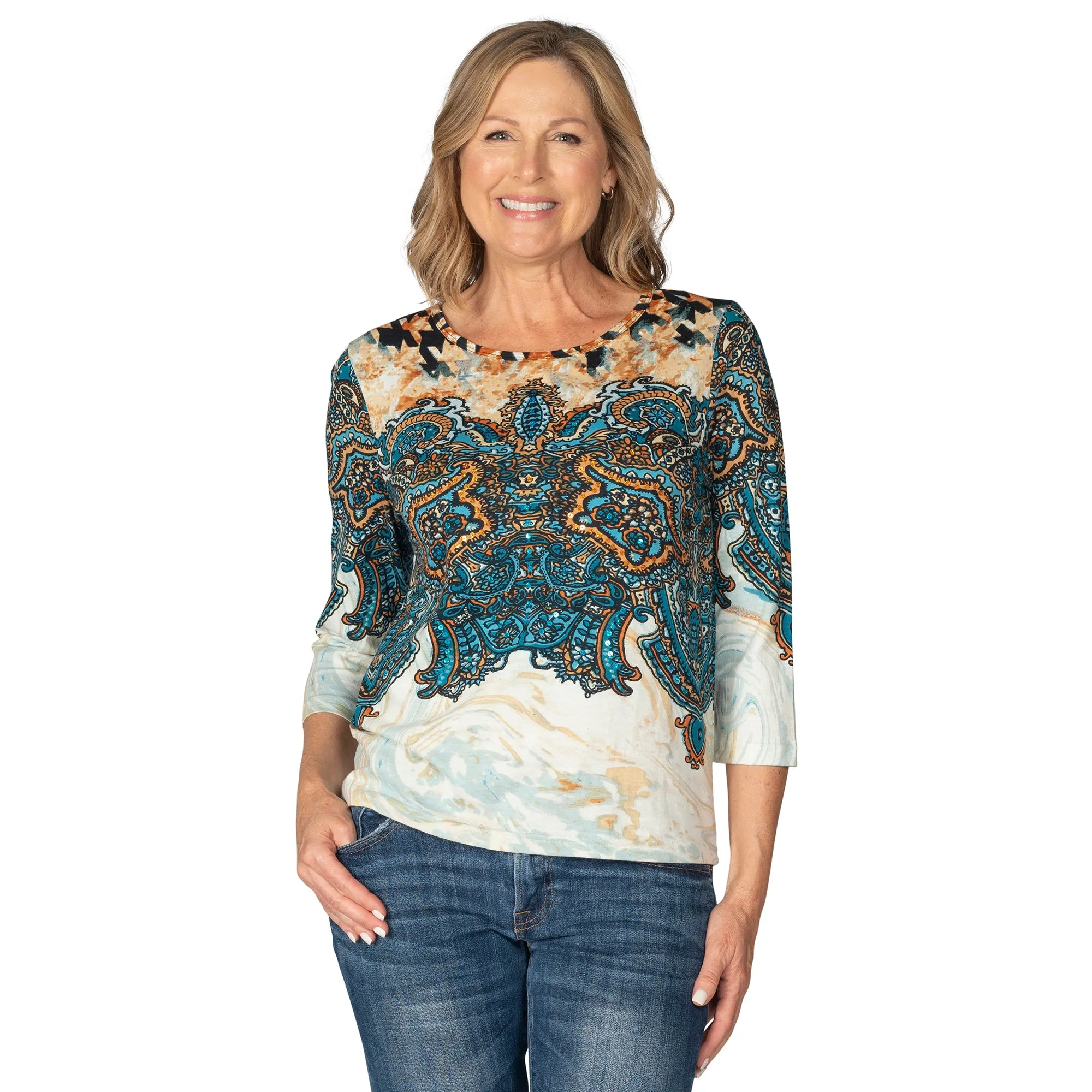 Paisley Sequin 100% Cotton 3/4 Sleeve T-Shirt