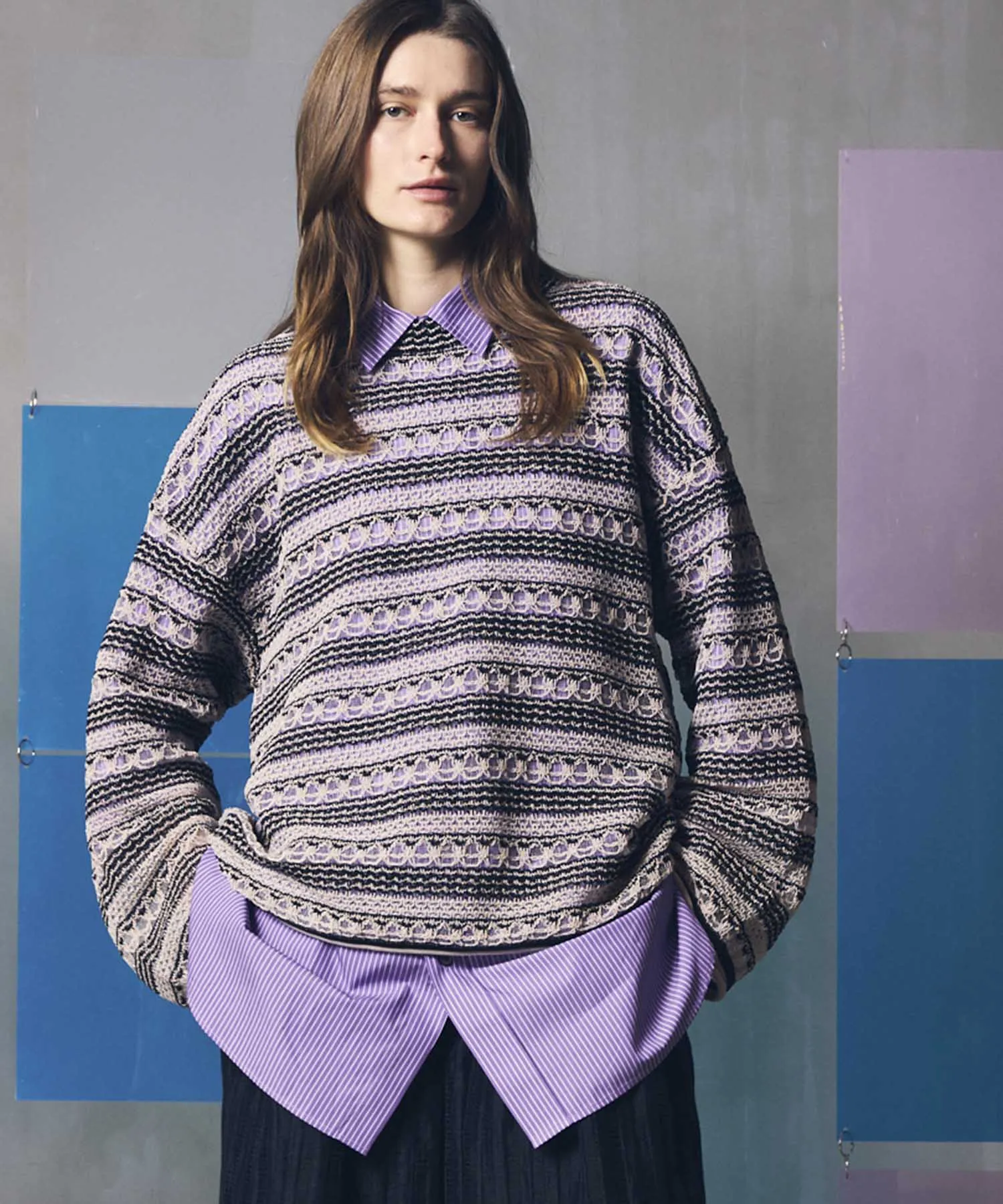 Prime-Over Sheer Border Crew Neck Knit Pullover