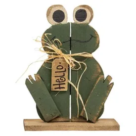 "Hello" Sitting Rustic Wood Froggy on Base