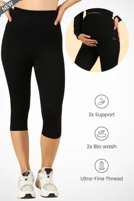 Ribbed Cotton Black Maternity Capri (Pregnancy & Postpartum)