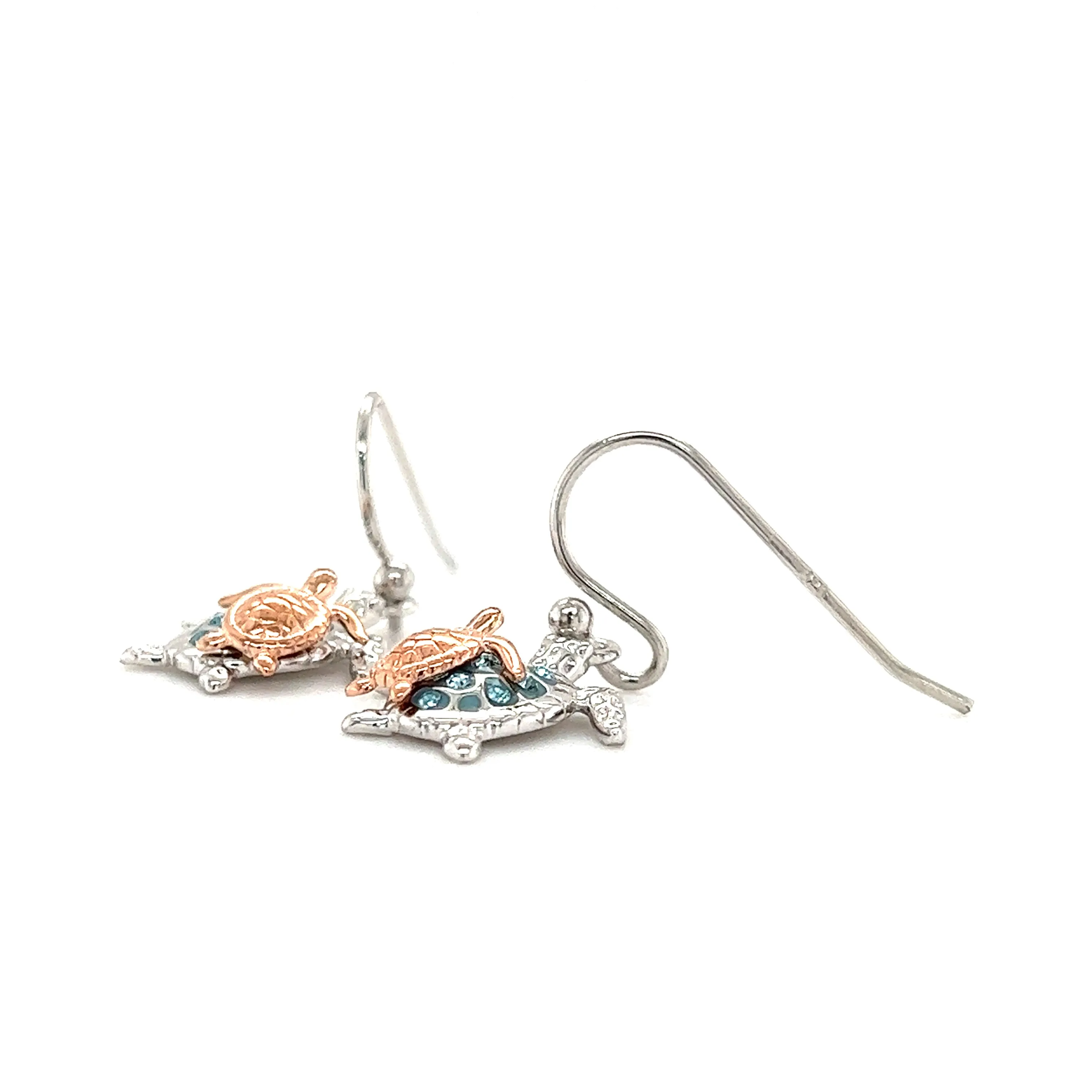 Sea Turtle Dangle Earrings with Rose Gold Accents in Sterling Silver