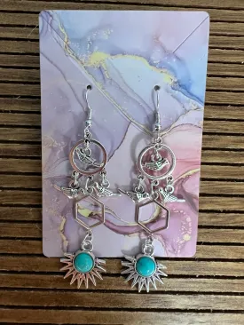 Vintage silver drop handmade earrings with birds and turquoise detail