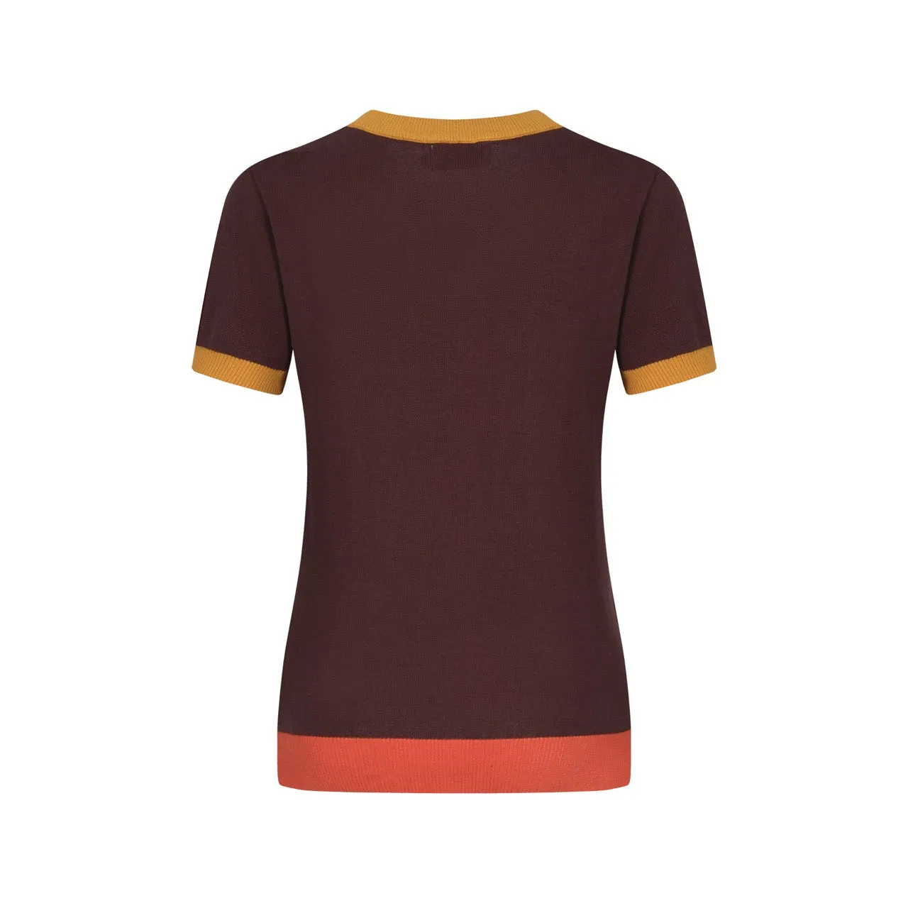 Women Retro Wave Line V-Neck Brown Short Sleeves Knitwear