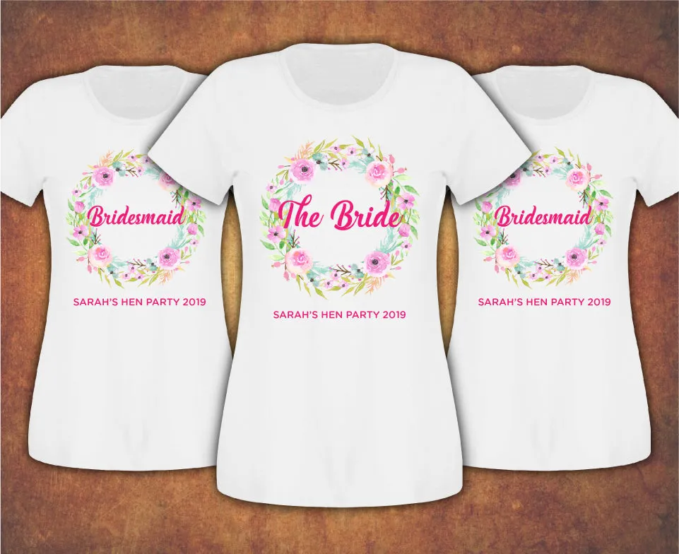 Wreath Personalised Floral Hen Do Party Bridesmaid Bride  T-shirt Ladies Female