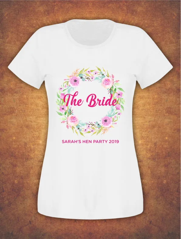 Wreath Personalised Floral Hen Do Party Bridesmaid Bride  T-shirt Ladies Female