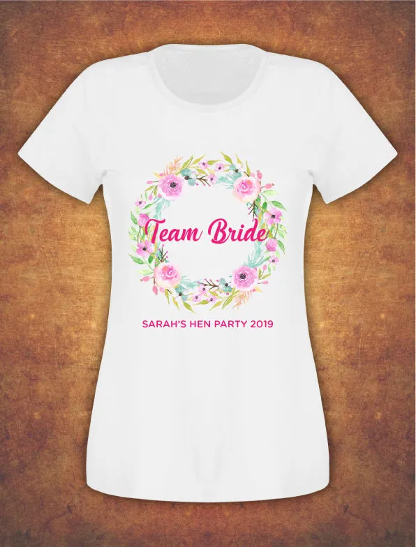 Wreath Personalised Floral Hen Do Party Bridesmaid Bride  T-shirt Ladies Female